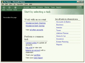 screen shot of the money 2000 home page. an activity page that lists a few common tasks, and provides links to sets of tasks on other pages.