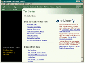 screen shot of the money 2000 tax center page. 