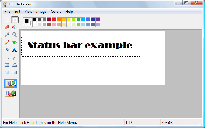 screen shot of the paint application, with a status bar that contains hints about online help