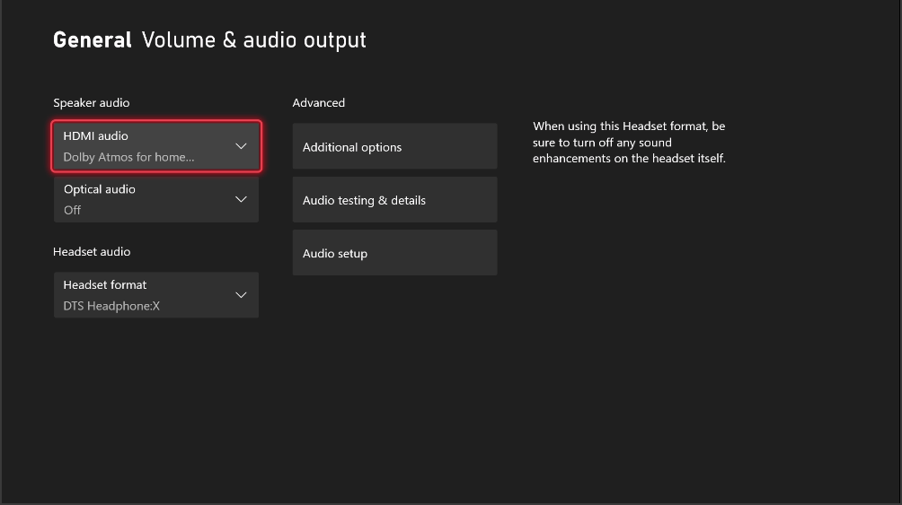Screenshot of the General Volume & Output settings page showing the HDMI audio dropdown.