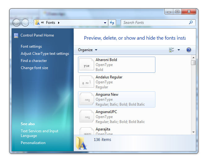 screen shot showing the font control panel in windows 7