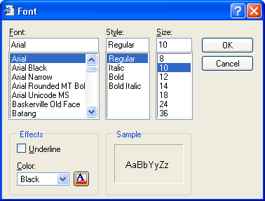 screen shot showing the font dialog box
