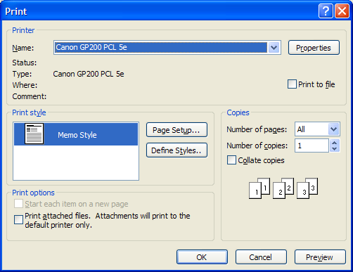 Making settings in the Page Setup dialog box