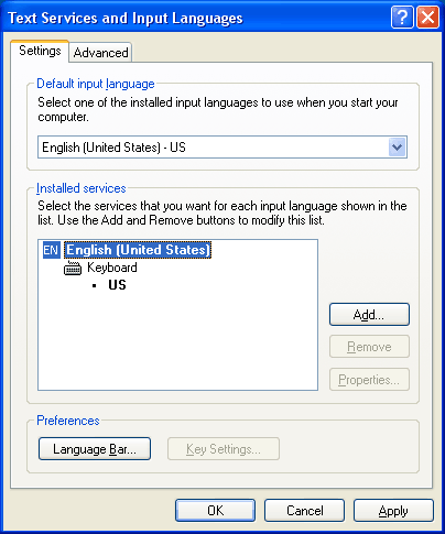 ext services and input languages window