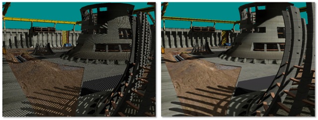 shadows with severe artifacts (left), and shadows after implementing the techniques described in this article (right)