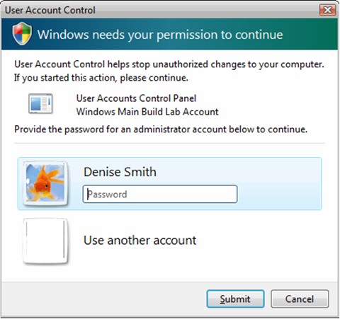 prompt for a standard user to enter credentials for an administrative account