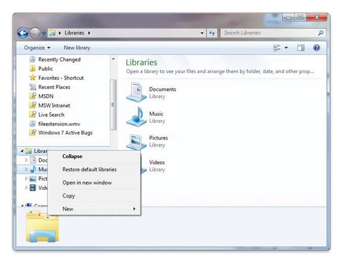 screen shot showing the restore default libraries menu option
