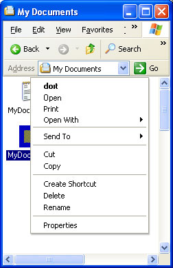 screen shot of the customized shortcut menu