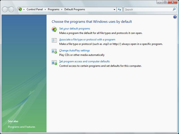 screen shot of the default programs entry page