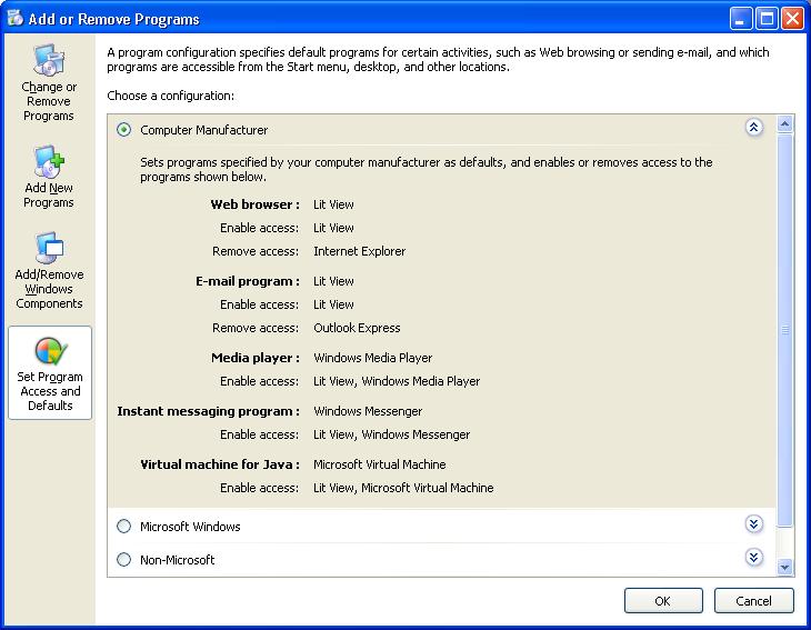 screen shot of the set program access and defaults computer manufacturer options