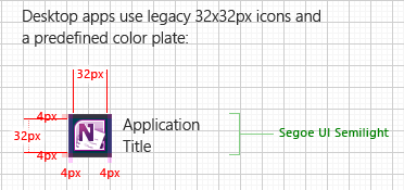 Diagram that shows the a grid with an application tile, dimensions, and 'Segoe U I Semilight' to indicate the font used.