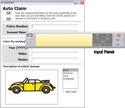 input panel displayed over a form used for automobile claims