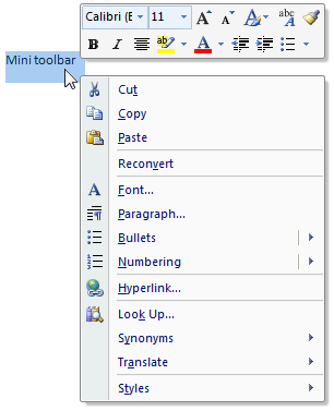 screen shot of mini toolbar and context menu 