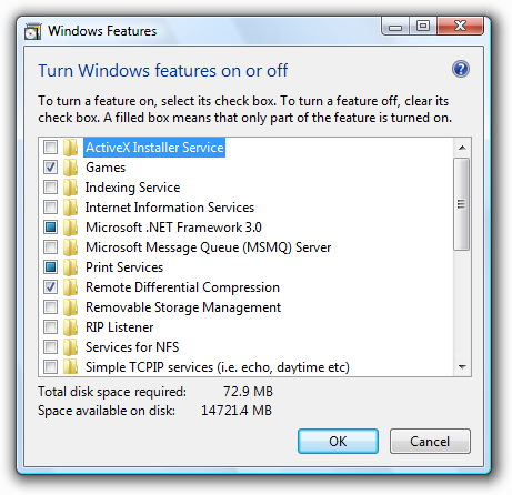 screen shot of check-box list of windows features 