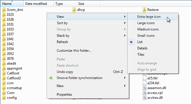 screen shot of list with 'view' context menu 