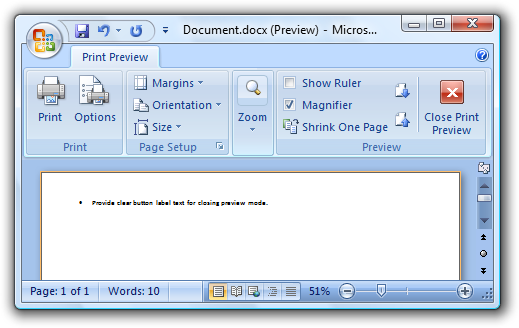 screen shot of close print preview icon and label 