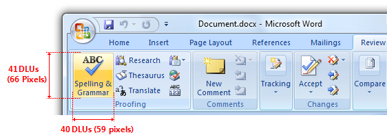 Screenshot that shows the Microsoft Word toolbar with the 'A B C Spelling & Grammar' button highlighted, with a 41 DLU height and 40 DLU width.