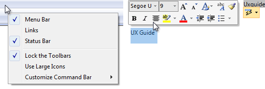 Screenshot that shows an example of a context menu and a mini-toolbar from Microsoft Office side-by-side.