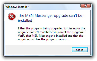 Screen shot of message: Upgrade can't be installed 