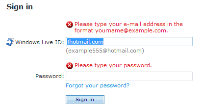 screen shot of message: incorrect e-mail address 