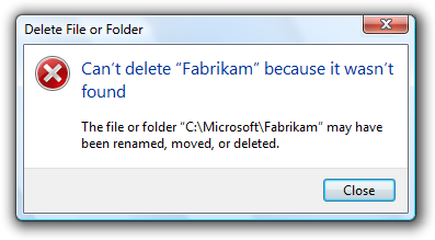 screen shot of message: can't delete fabrikam file 