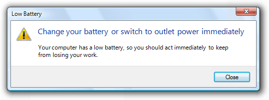 screen shot of a low battery warning message 