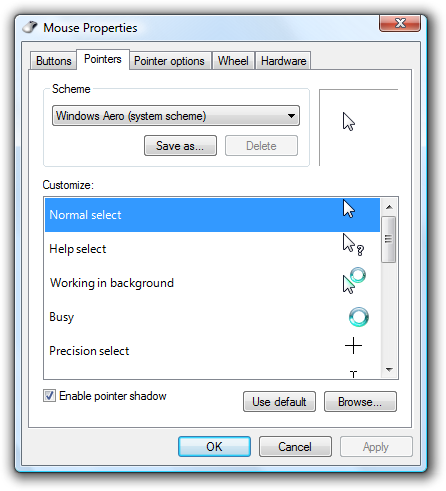 screen shot of mouse properties pointer examples 