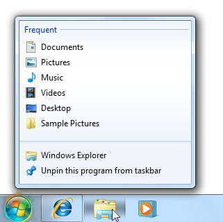 screen shot of taskbar and jump list with icons 