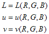 Shows the equations for the map from R G B to L U V.