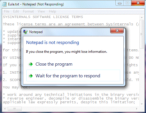 Screenshot that shows the 'Notepad is not responding' dialog.