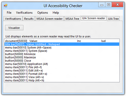 accchecker screen reader tab displaying sample verification results