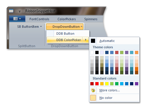 screen shot of a dropdownbutton control in a sample ribbon.