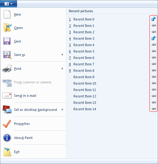 screen shot of recent items pinning in an application menu.