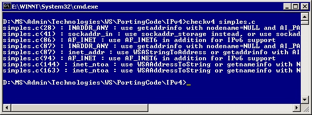 checkv4.exe reports ipv6 incompatibilities in the simples.c file