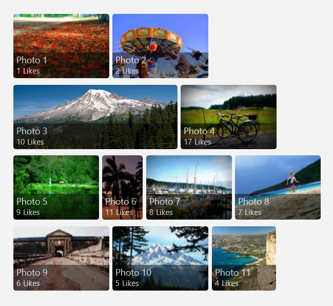 An image gallery. Items in the first two rows are not stretched and there is blank space at the end of the rows.
