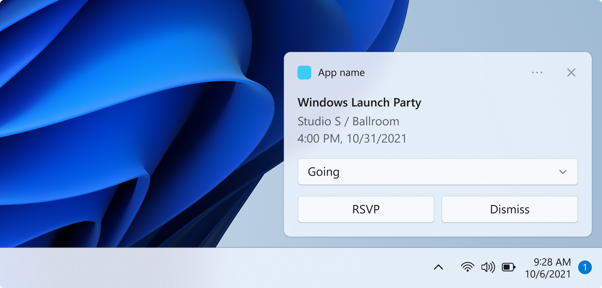 A screen capture showing a toast notification above the task bar. The notification is a reminder for an event. The app name, event name, event time, and event location are shown. A selection input displays the currently selected value, Going. There are two buttons labeled RSVP and Dismiss