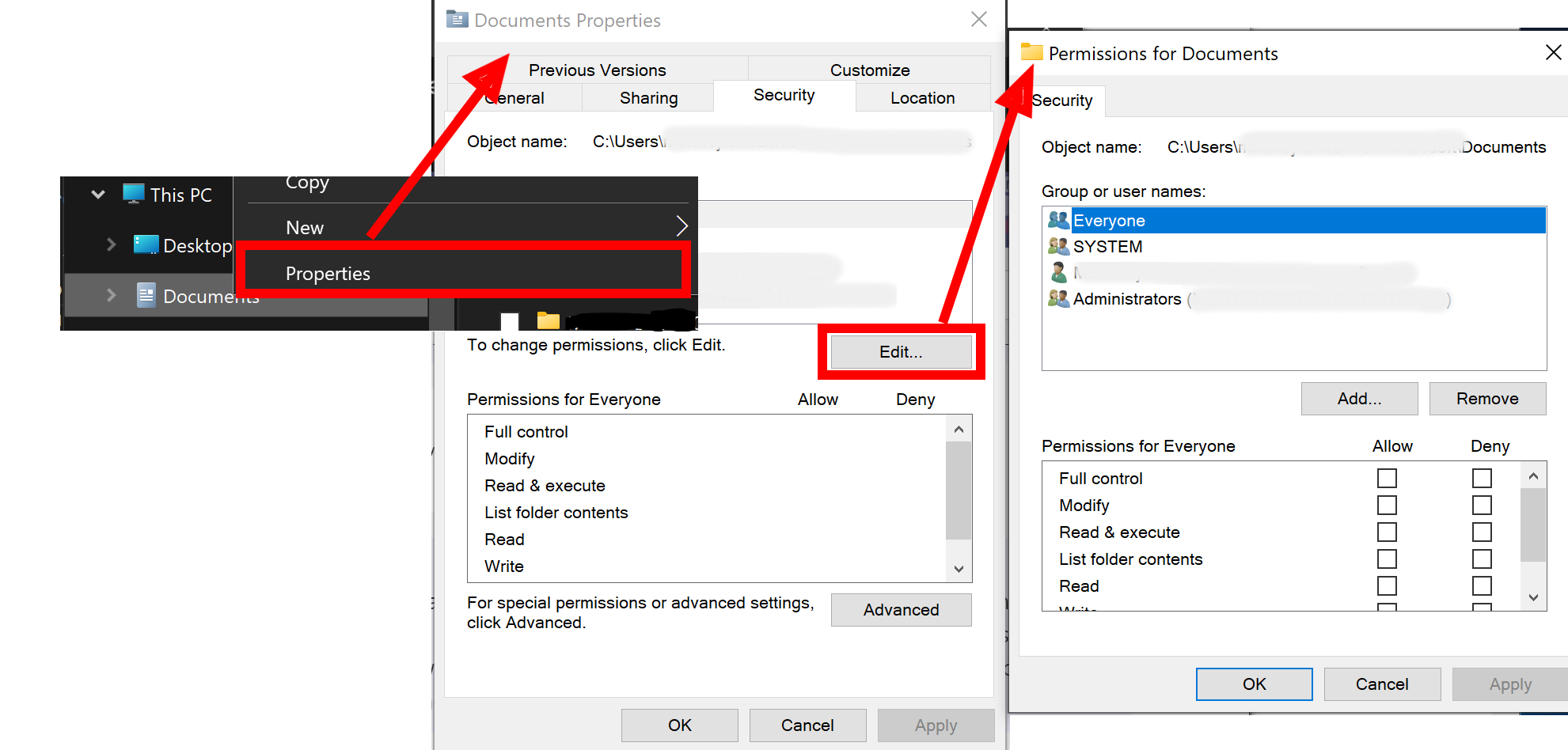 Properties windows to view or change permissions on NTFS directories