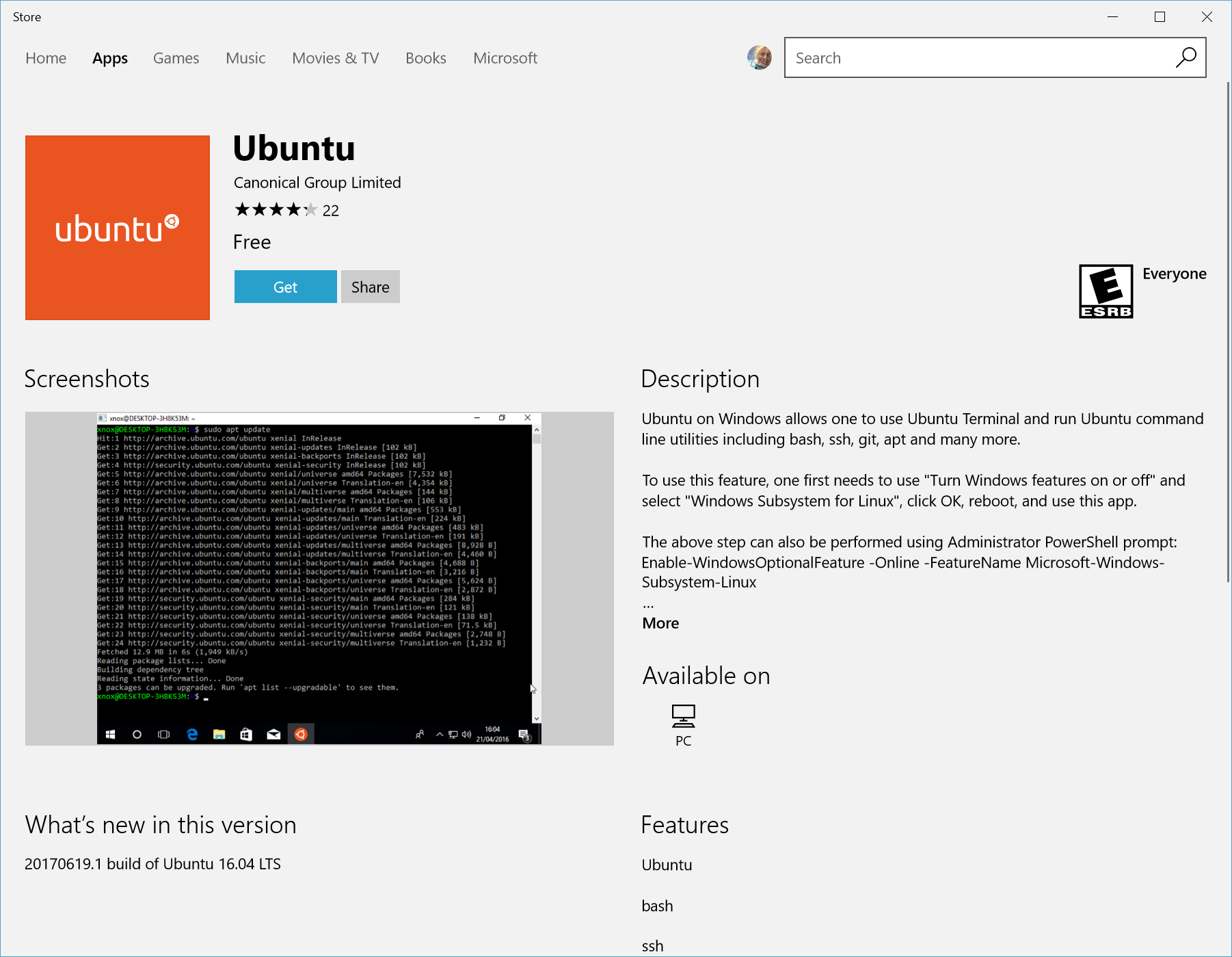 Linux distributions in the Microsoft store