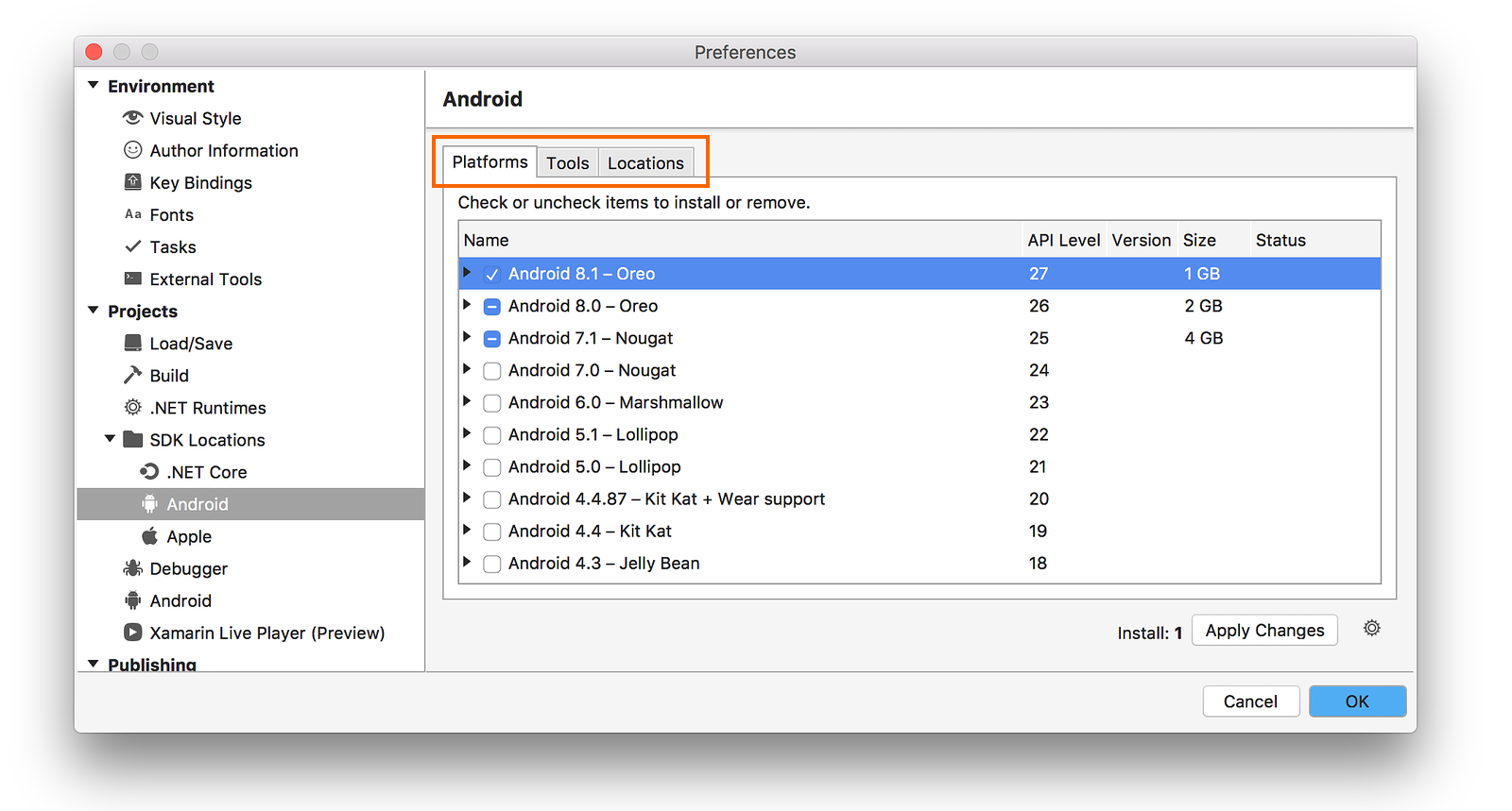 Диспетчер пакетов SDK для Android. Xamarin Android SDK. Xamarin Apple SDK. Visual Studio Xamarin SDK.