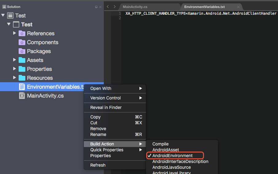 Screenshot of the AndroidEnvironment build action in Visual Studio for Mac.