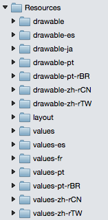 Screenshot of Resources/drawable and Resources/values folders for multiple cultural identifiers