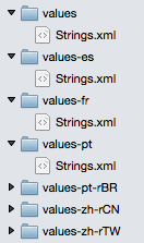 Screenshot of multiple values folders, each containing a Strings.xml file