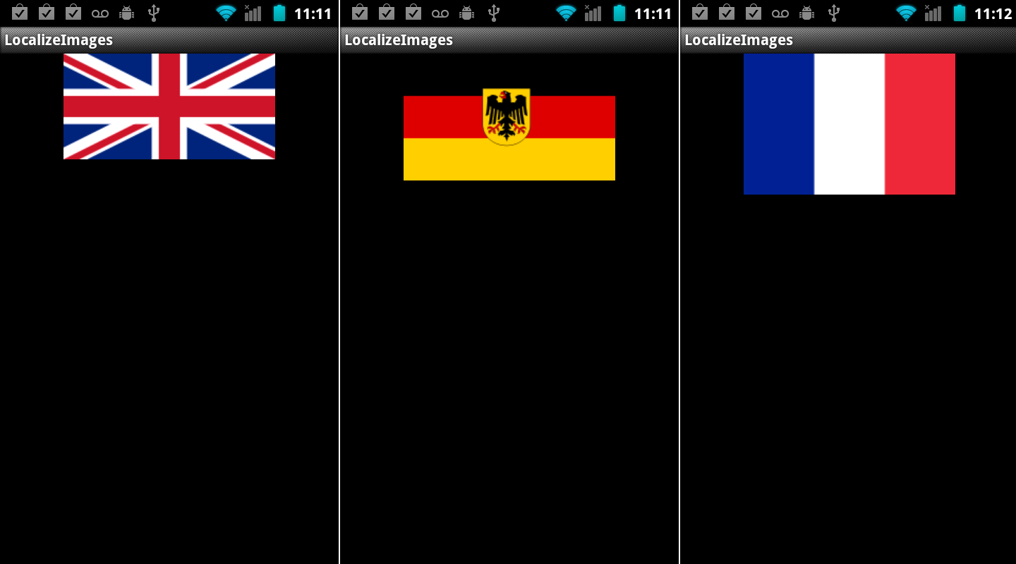 Example screens for different locales