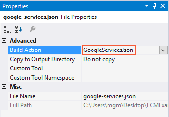 Setting the build action to GoogleServicesJson