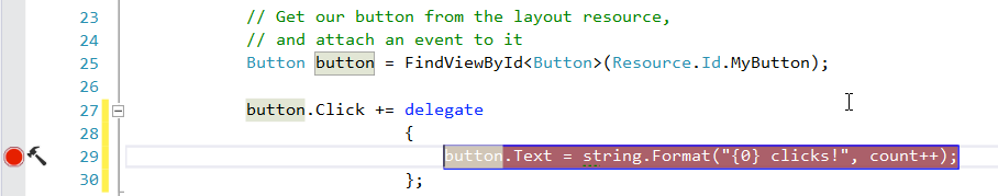 Breakpoint set at line of code