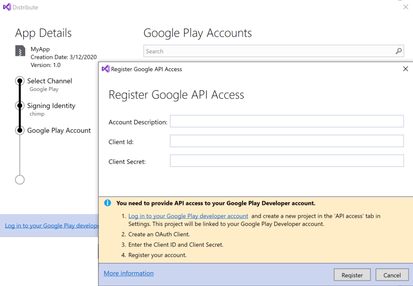 Register Google API Access dialog in Google Play Accounts.