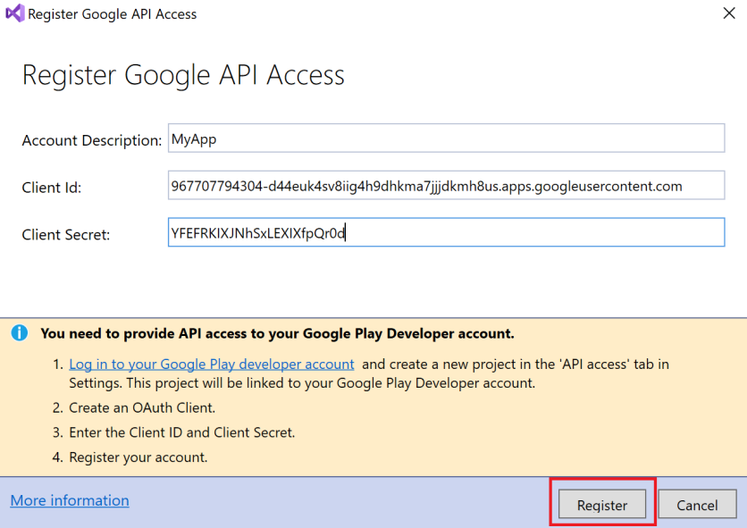 Register Google API Access dialog