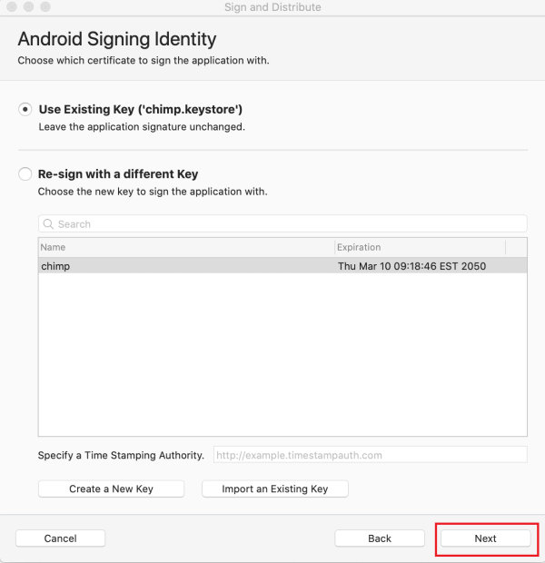 Android signing identity dialog