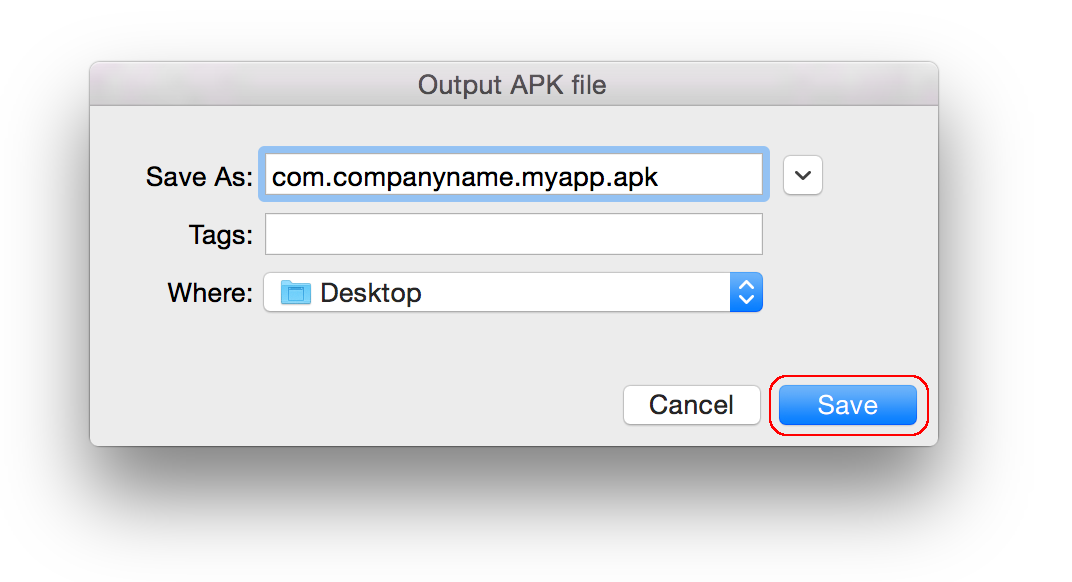 Output APK file dialog