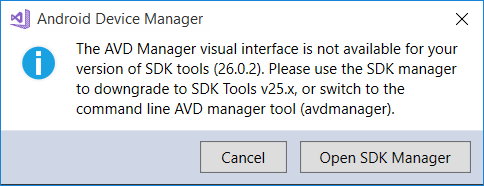 Android SDK instance error dialog